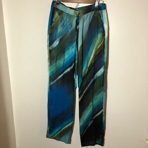 Johnny Was Biya silk elastic waist drawstring colorful pants blue/green womens M